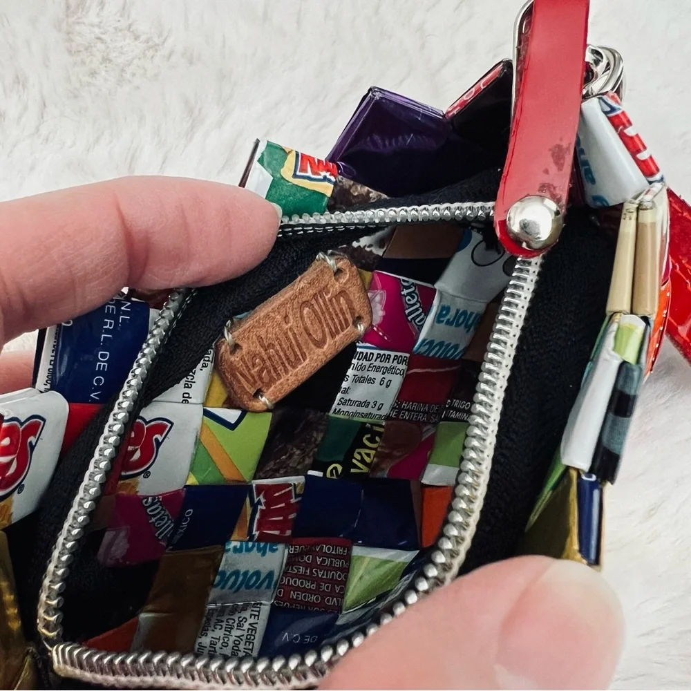 NAHUI OLLIN Woven Multi Color Wrapper Small Wristlet with Red Strap